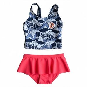 Romy & Aksel | Wave Pattern and Coral Pink Baby Girl 2 Piece Swim Set